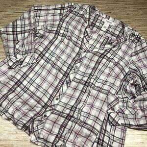 Y-100~ Workshop Womens Button Front Shirt White Plaid 3/4 Slv Notch Neck Plus 2X